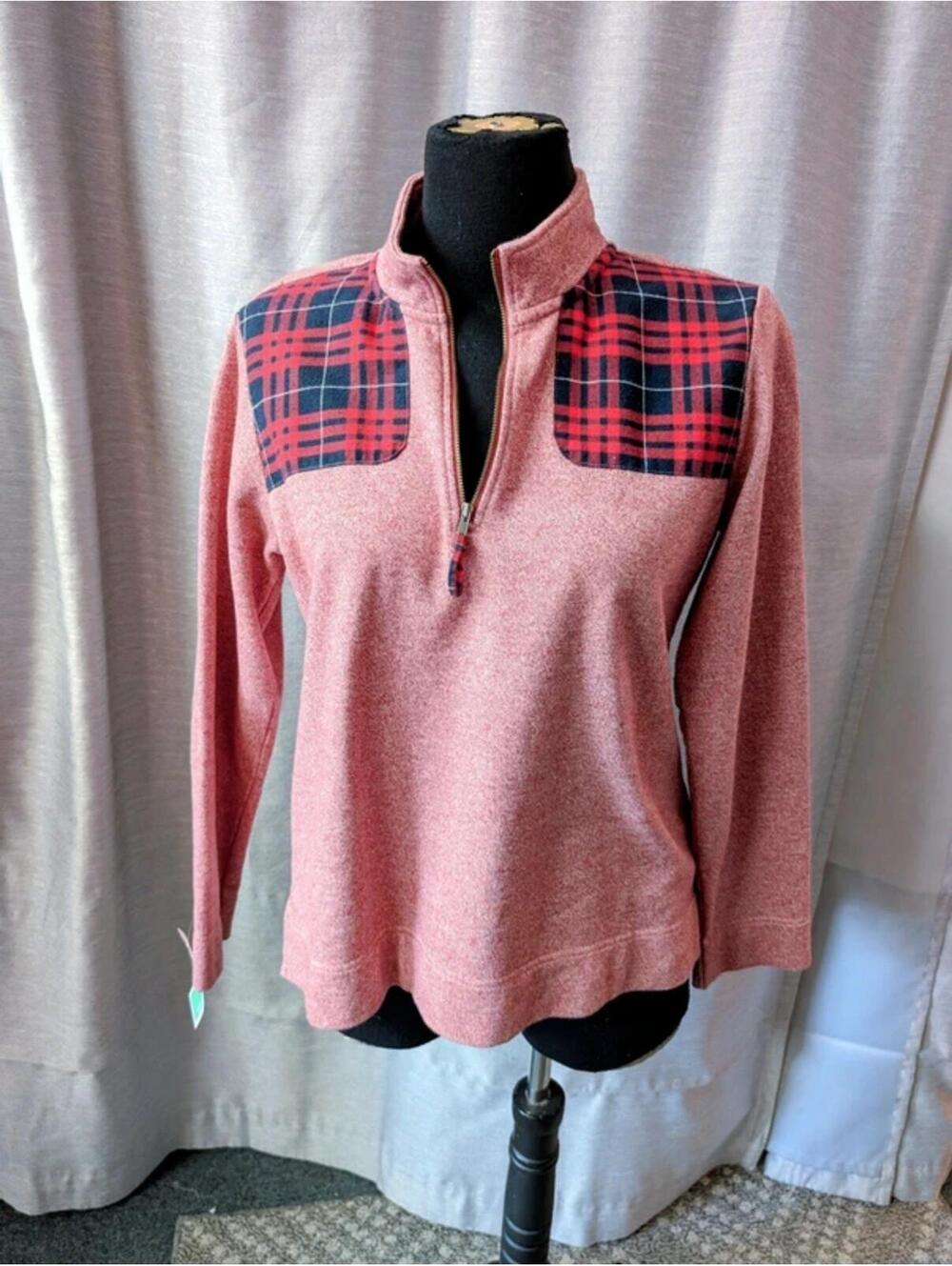 Red Heathered Zip Sweatshirt with Plaid Patches M